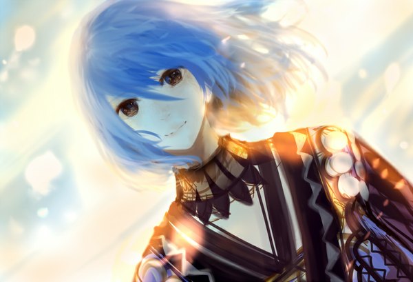 Anime picture 990x675 with original bounin single looking at viewer fringe short hair smile brown eyes blue hair wind lips glow girl