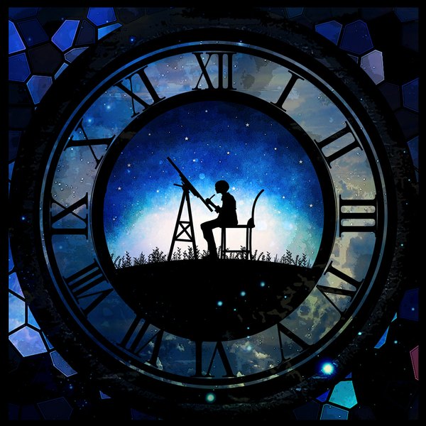 Anime picture 1000x1000 with original harada miyuki single short hair sitting sky night sky silhouette boy plant (plants) star (stars) grass chair clock telescope