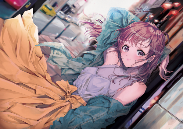 Anime picture 2000x1414 with original najuco (naju0517) single long hair looking at viewer blush highres brown hair standing bare shoulders brown eyes outdoors head tilt wind off shoulder open jacket dutch angle depth of field city arm behind head