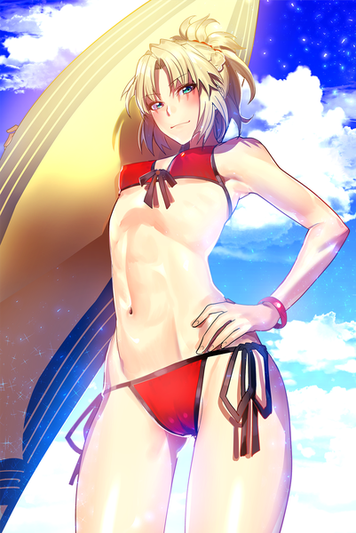 Anime picture 1290x1928 with fate (series) fate/grand order fate/apocrypha mordred (fate) mordred (swimsuit rider) (fate) konrohhh single tall image looking at viewer blush fringe short hair breasts light erotic blonde hair smile standing holding green eyes payot