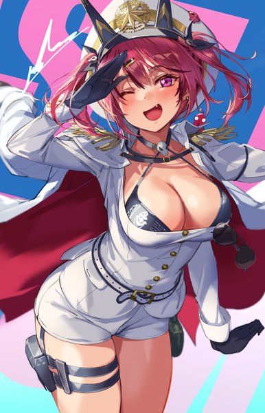 Anime picture 1480x2300 with goddess of victory: nikke mast (nikke) morgan (nikke) michairu single tall image looking at viewer blush fringe breasts open mouth light erotic hair between eyes large breasts standing purple eyes pink hair cleavage one eye closed wink