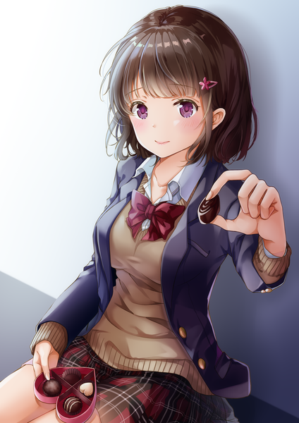 Anime picture 868x1228 with original yoshida iyo single tall image looking at viewer blush fringe short hair simple background brown hair sitting purple eyes blunt bangs light smile open clothes plaid skirt valentine girl skirt uniform