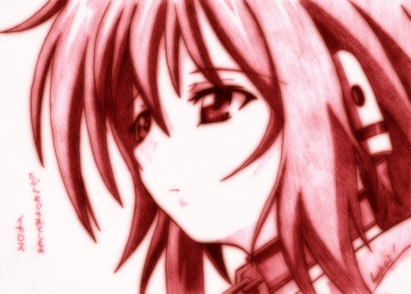 Anime picture 1398x1000 with sora no otoshimono ikaros godees (artist) short hair simple background signed pink hair monochrome girl chain collar