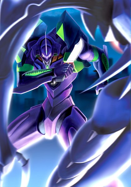 Anime picture 1299x1846 with neon genesis evangelion rebuild of evangelion evangelion: 2.0 you can (not) advance end of evangelion gainax eva 01 angel (evangelion) sachiel tall image looking at viewer standing horn (horns) light fighting stance science fiction giant futuristic weapon armor knife