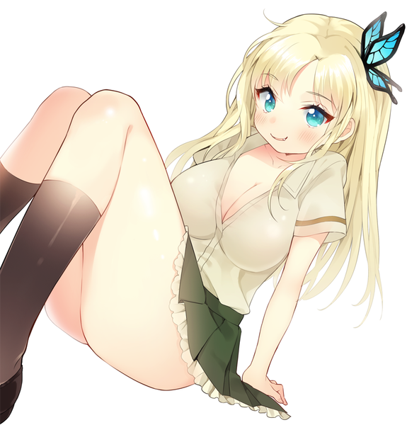 Anime picture 850x888 with boku wa tomodachi ga sukunai kashiwazaki sena hym9594 single long hair tall image blush fringe breasts blue eyes light erotic simple background blonde hair large breasts white background cleavage parted lips teeth fang (fangs) partially open clothes