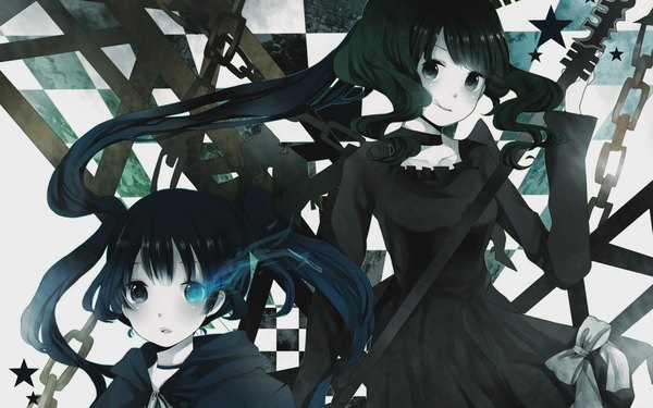 Anime picture 1680x1050 with black rock shooter black rock shooter (character) dead master long hair highres blue eyes black hair wide image twintails multiple girls glowing scar glowing eye (eyes) checkered background girl dress 2 girls shorts black dress scythe