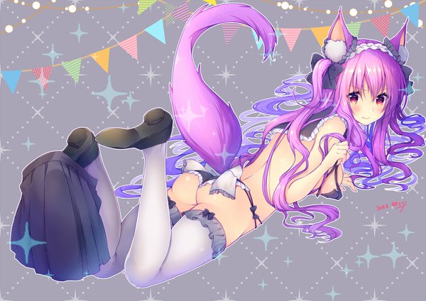 Anime picture 1500x1060 with original azu torako single blush fringe breasts light erotic simple background hair between eyes purple eyes signed animal ears purple hair full body ass tail lying very long hair animal tail looking back