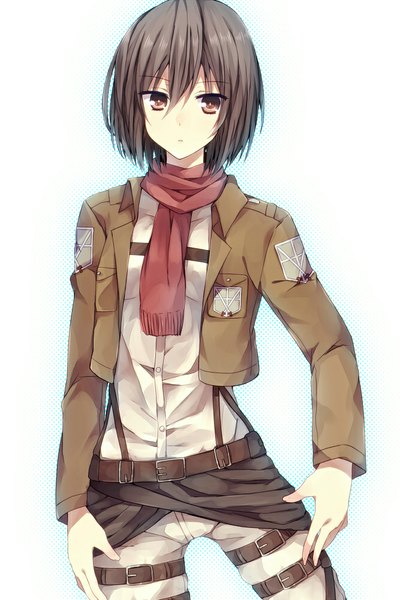 Anime picture 667x1000 with shingeki no kyojin production i.g mikasa ackerman abandon ranka single tall image short hair black hair simple background white background brown eyes looking away open clothes open jacket girl jacket belt scarf red scarf