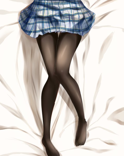 Anime picture 2000x2500 with original ldm single tall image highres bent knee (knees) lying pleated skirt on back no shoes legs thigh gap plaid skirt close-up head out of frame girl skirt pantyhose black pantyhose bedsheet