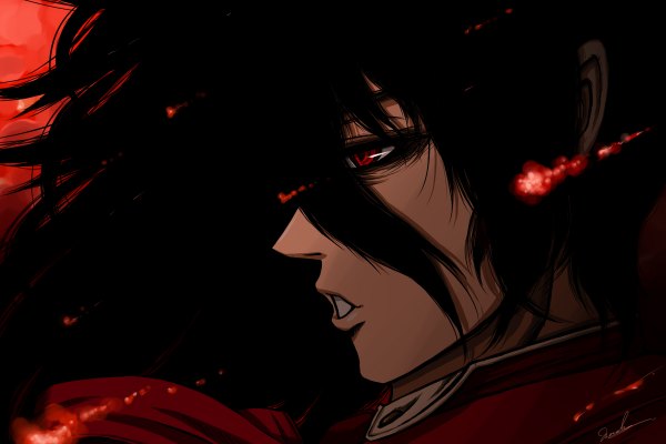 Anime picture 1200x800 with hellsing alucard (hellsing) mamimume momo single long hair black hair red eyes profile wallpaper red background vampire boy