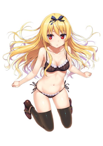 Anime picture 2897x4092 with arifureta shokugyou de sekai saikyou white fox yue (arifureta) takayaki long hair tall image highres light erotic simple background blonde hair red eyes white background underwear only girl thighhighs navel underwear panties bow black thighhighs