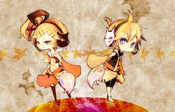 Anime picture 1024x658 with vocaloid kagamine rin kagamine len hakiri (artist) blue eyes smile chibi mask on head girl thighhighs boy bow detached sleeves headphones leaf (leaves) mask