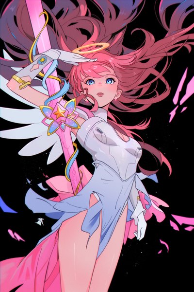 Anime picture 2500x3750 with original eggychan single long hair tall image highres blue eyes light erotic standing pink hair floating hair black background salute girl gloves white gloves halo leotard