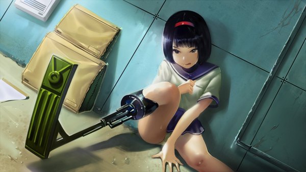 Anime picture 1600x900 with original otorih single short hair light erotic black hair wide image sitting brown eyes tears mechanical amputee girl uniform underwear panties school uniform miniskirt tongue bandaid