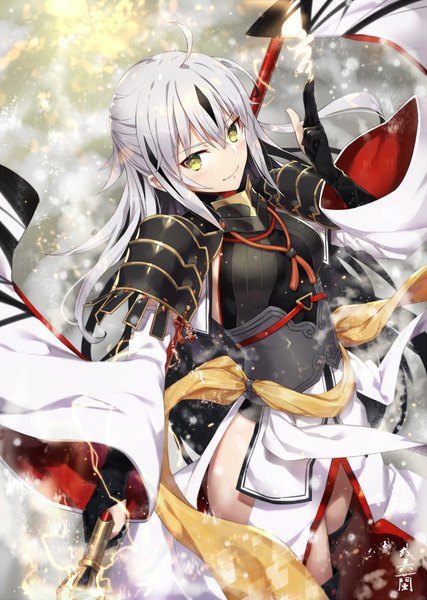Anime picture 712x1000 with fate (series) fate/grand order nagao kagetora (fate) gabiran single long hair tall image looking at viewer blush fringe breasts black hair smile hair between eyes standing holding signed yellow eyes payot silver hair