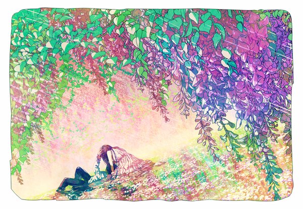Аниме картинка 1300x900 с оригинальное изображение amanen t длинные волосы фиолетовые волосы согнутое колено (колени) лёжа на спине девушка платье мужчина цветок (цветы) растение (растения) рубашка лепестки белая рубашка брюки сарафан глициния