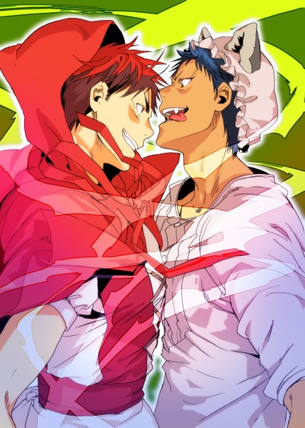 Anime picture 3545x4971 with kuroko no basket little red riding hood production i.g aomine daiki kagami taiga okada zari (pixiv id 3651167) tall image highres short hair open mouth smile red eyes animal ears blue hair looking away absurdres red hair wind multiple boys teeth
