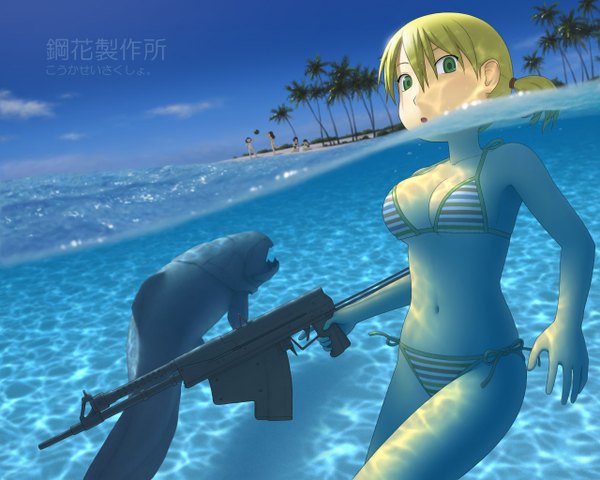 Anime picture 1280x1024 with original yasunon single looking at viewer fringe short hair breasts light erotic blonde hair hair between eyes large breasts green eyes sky partially submerged girl navel weapon swimsuit plant (plants) animal