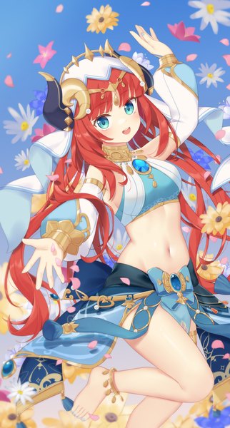 Anime picture 2150x4000 with genshin impact nilou (genshin impact) fufumi single long hair tall image looking at viewer blush fringe highres breasts open mouth light erotic smile twintails bent knee (knees) red hair blunt bangs long sleeves nail polish