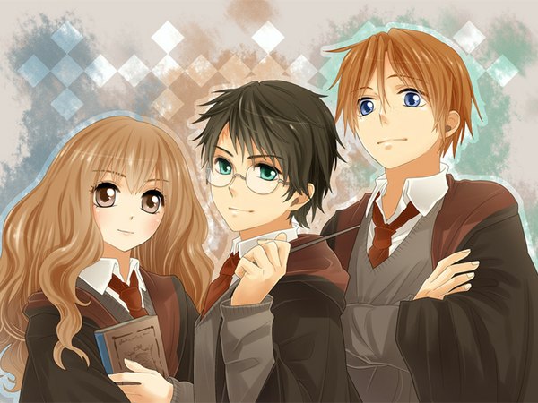 Anime picture 1024x768 with harry potter hermione granger harry potter (character) ron weasley blush blue eyes black hair smile brown hair brown eyes aqua eyes girl boy uniform school uniform glasses necktie book (books) wand