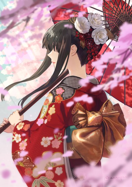 Anime picture 2893x4092 with original aaanpan single long hair tall image fringe highres black hair blunt bangs traditional clothes japanese clothes profile sunlight depth of field lipstick cherry blossoms floral print red lipstick hair over eyes girl
