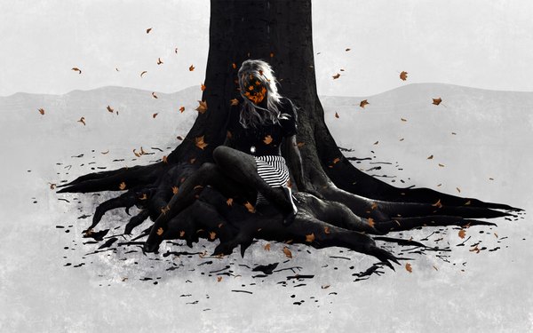 Anime picture 1920x1200 with long hair highres blonde hair wide image white background sitting wallpaper dark skin monochrome no face girl plant (plants) tree (trees) leaf (leaves)