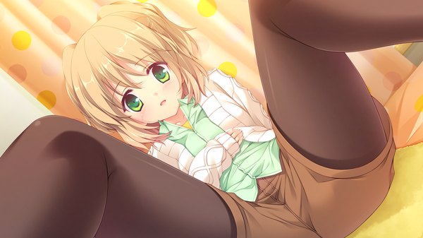 Anime picture 1280x720 with melty moment amane natsuki single looking at viewer blush short hair open mouth blonde hair wide image green eyes game cg girl pantyhose shorts sweater