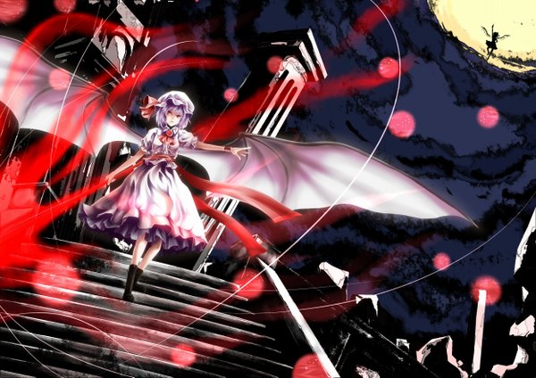 Anime picture 2500x1770 with touhou flandre scarlet remilia scarlet tn (nakamatic-arsenal) single highres short hair red eyes purple hair night bat wings ruins girl dress bow hat wings moon stairs spear the gungnir