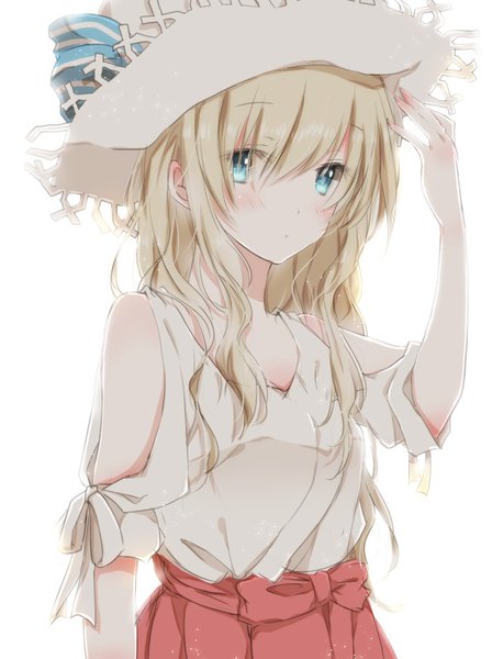 Anime picture 683x914 with original hiro (hirohiro31) single long hair tall image looking at viewer blush fringe breasts blue eyes simple background blonde hair hair between eyes standing white background payot traditional clothes japanese clothes adjusting hat girl