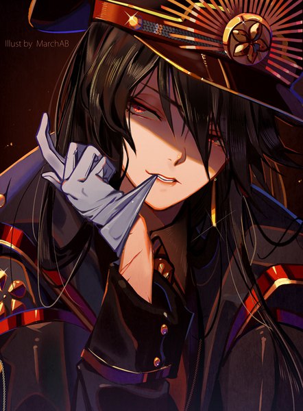 Anime picture 644x874 with fate (series) koha-ace oda nobunaga (fate) (all) oda nobunaga (fate) marchab 66 single long hair tall image fringe black hair simple background hair between eyes red eyes holding signed looking away upper body head tilt teeth sparkle
