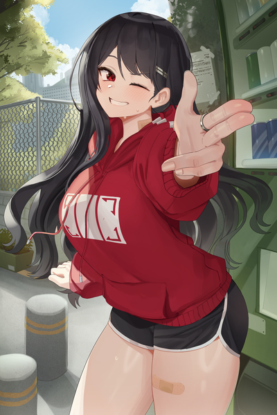 Anime picture 2870x4300 with original goback single long hair tall image blush fringe highres black hair smile red eyes standing looking away sky cloud (clouds) long sleeves one eye closed wink sweat grin