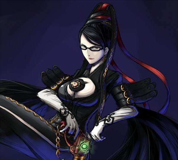 Anime picture 1110x1000 with bayonetta bayonetta (character) single long hair looking at viewer black hair simple background lips mole grey eyes blue background mole under mouth girl gloves earrings glasses gun bodysuit