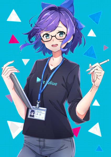 Anime picture 1413x2000 with virtual youtuber hololive a-chan (hololive) cno single tall image looking at viewer short hair open mouth blue eyes standing purple hair nail polish :d blue background half updo pink nail polish office lady girl bow