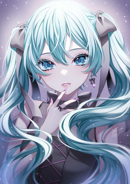 Anime picture 848x1200 with vocaloid hatsune miku ca yu single long hair tall image looking at viewer fringe hair between eyes twintails upper body nail polish parted lips aqua eyes aqua hair sparkle pink nail polish girl ribbon (ribbons) hair ribbon