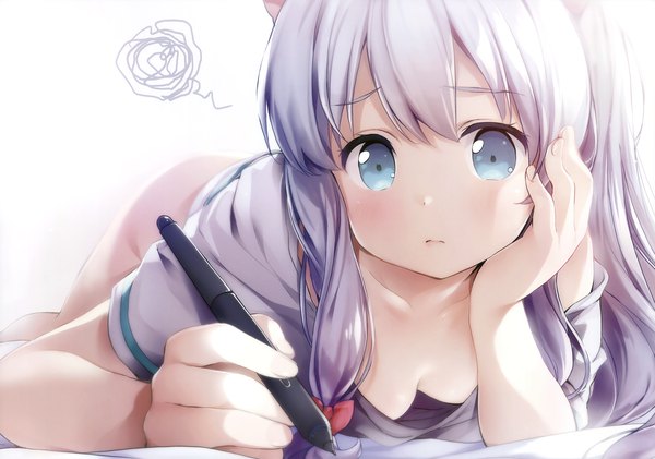 Anime picture 4693x3300 with eromanga sensei a-1 pictures izumi sagiri chiyingzai single looking at viewer fringe highres light erotic simple background holding signed absurdres silver hair ass lying aqua eyes fingernails scan no bra