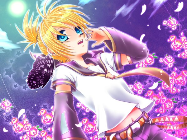 Anime picture 1200x900 with vocaloid migikata no chou (vocaloid) kagamine len single blue eyes blonde hair night boy flower (flowers) petals shorts insect butterfly moon full moon