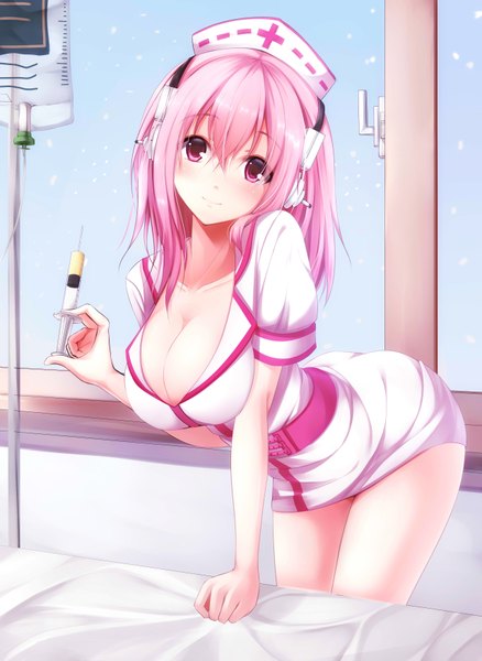Anime picture 2552x3496 with nitroplus super sonico nicoby single long hair tall image blush highres breasts light erotic smile large breasts pink hair cleavage pink eyes nurse girl headphones nurse cap syringe