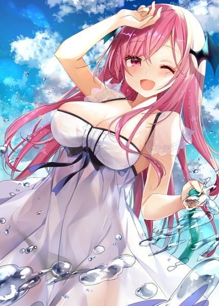 Anime picture 2591x3624 with touhou koakuma natsuki (ukiwakudasai) single long hair tall image looking at viewer blush fringe highres breasts open mouth light erotic hair between eyes large breasts standing holding pink hair sky cleavage
