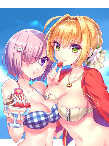 Anime picture 787x1052 with fate (series) fate/grand order fate/extra mash kyrielight nero claudius (fate) nero claudius (fate/extra) fou (fate) nishimura eri tall image looking at viewer fringe short hair breasts light erotic blonde hair hair between eyes large breasts purple eyes multiple girls holding
