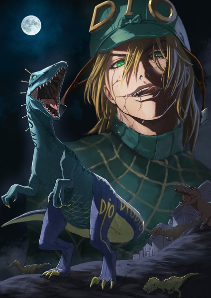 Anime picture 1447x2047 with jojo no kimyou na bouken steel ball run diego brando scary monster (stand) acchom zatta single tall image looking at viewer fringe short hair blonde hair hair between eyes green eyes stand (jojo) boy hat tongue moon full moon dinosaur