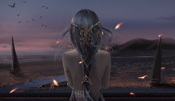 Anime-Bild 1863x1080 mit original ydiya single long hair highres wide image sky from above wind grey hair from behind horizon mountain bare back landscape scenic river messy hair girl animal