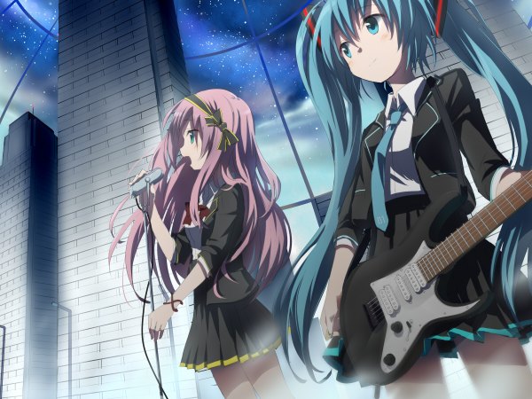 Anime picture 1200x900 with vocaloid hatsune miku megurine luka blue eyes twintails multiple girls green eyes blue hair pink hair profile night night sky singing girl 2 girls necktie star (stars) microphone musical instrument guitar