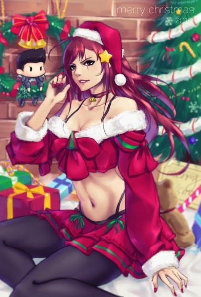 Anime picture 1353x2000 with league of legends katarina (league of legends) darius (league of legends) worst (am-worst) long hair tall image black hair red eyes red hair nail polish fingernails bare belly midriff fur trim scar bell collar red nail polish girl skirt navel