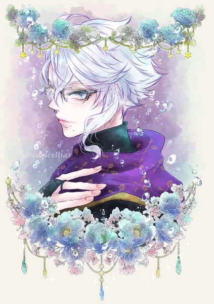 Anime picture 800x1135 with twisted wonderland azul ashengrotto camexllia single tall image fringe short hair blue eyes hair between eyes signed looking away silver hair fingernails lips mole twitter username portrait mole under mouth hand on shoulder boy