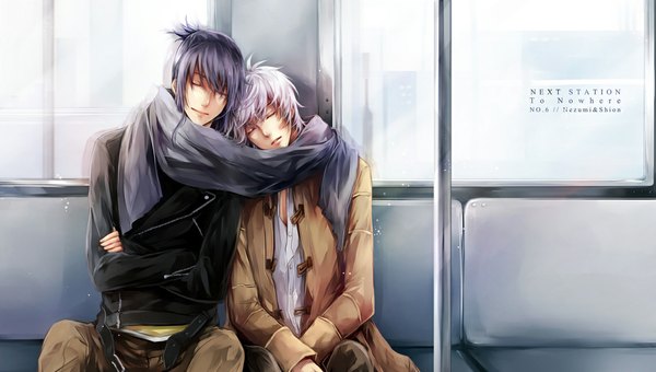 Anime picture 1144x650 with no.6 studio bones nezumi (no.6) shion (no.6) zaphylla short hair wide image silver hair purple hair white hair eyes closed inscription crossed arms sleeping shared scarf boy jacket scarf coat