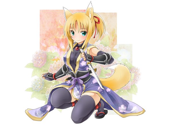 Anime picture 1334x1000 with dog days yukikaze panettone tagme (artist) blonde hair smile green eyes fox ears fox tail fox girl girl thighhighs black thighhighs sword armor