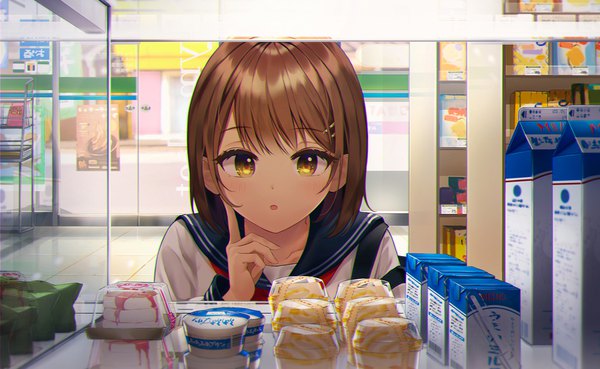 Anime picture 1622x1000 with original meiji (brand) connie (keean2019) single looking at viewer blush fringe short hair open mouth brown hair wide image brown eyes indoors :o brand name imitation girl uniform serafuku hairclip milk