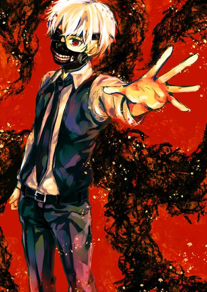 Anime picture 800x1129 with tokyo ghoul studio pierrot kaneki ken meola single tall image fringe short hair blonde hair hair between eyes red eyes teeth outstretched arm boy necktie pants mask eyepatch vest zipper