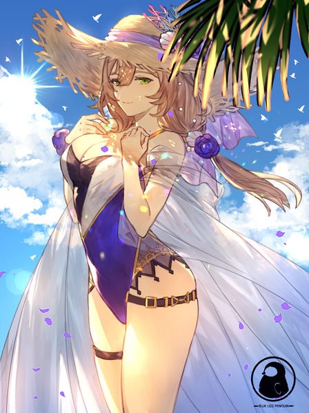 Anime picture 2846x3808 with genshin impact lisa (genshin impact) blue lizz penguin single long hair tall image looking at viewer fringe highres breasts light erotic hair between eyes brown hair large breasts standing green eyes signed sky cloud (clouds) low ponytail
