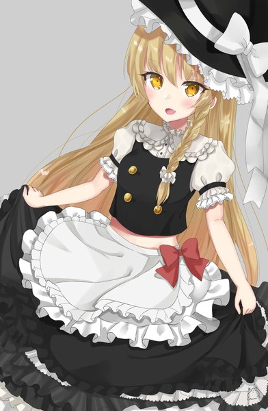 Anime picture 2342x3582 with touhou kirisame marisa sei ichi (shiratamamikan) single long hair tall image looking at viewer highres open mouth blonde hair yellow eyes braid (braids) grey background short sleeves midriff puffy sleeves side braid double buttons skirt hold girl